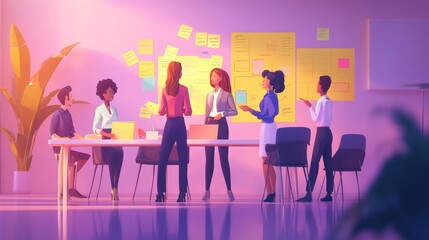 team brainstorming, diverse business team brainstorming with sticky notes and charts in a lively office illustrations