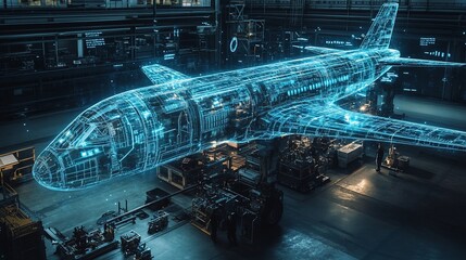 A digital rendering of an airplane in a factory setting, with workers visible in the background.