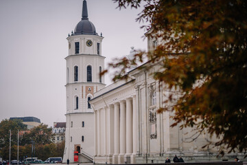 A view of a historic white clock tower and classical building with columns, partially framed by...