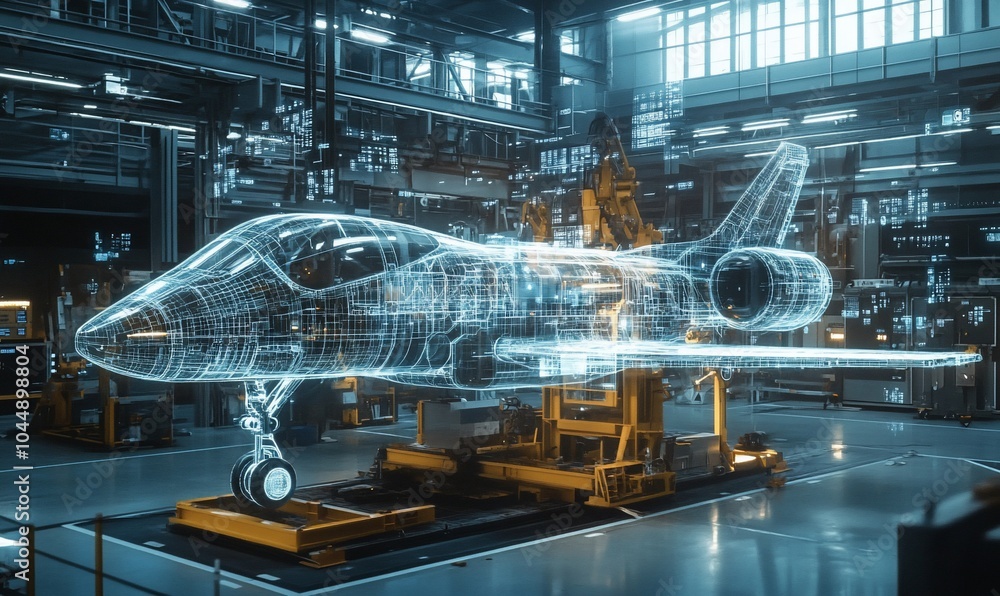 Poster A digital wireframe of a plane displayed in a factory setting, with a robotic arm in the background, showcasing the future of industrial design.