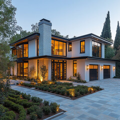 Fototapeta premium A large, modern house with a dark roof and light-colored siding. It's situated in a yard with landscaping and a paved driveway.