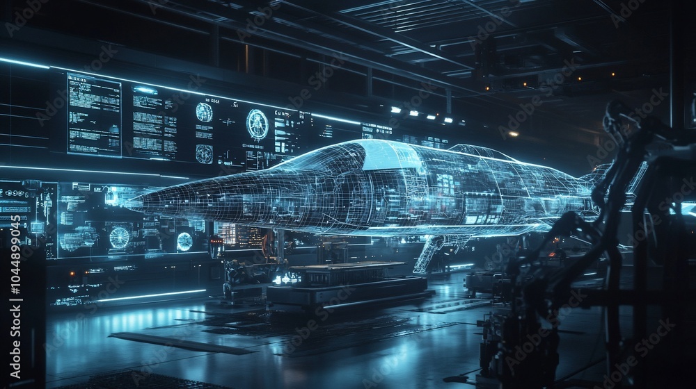 Poster A futuristic aircraft design is being analyzed in a laboratory with holographic technology and data displays.