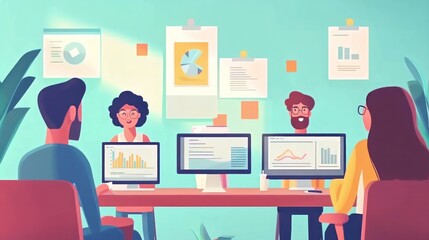 virtual business team, diverse virtual team discussing strategies and ideas in an online meeting illustrations