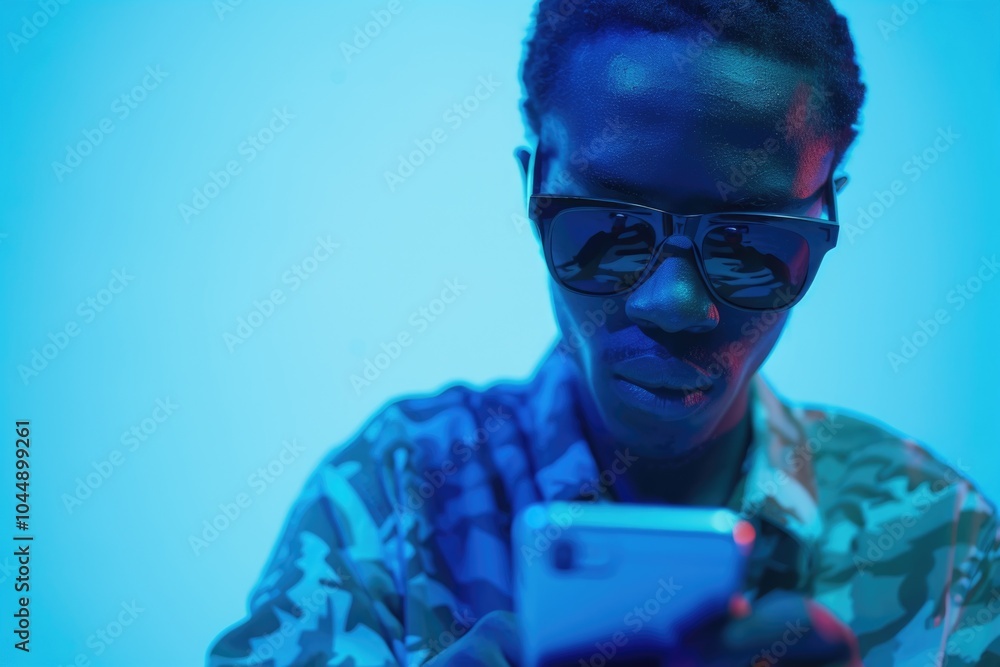 Poster a person looking at their mobile device, likely checking messages or browsing the internet