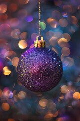 Fototapeta premium A purple glass ball ornaments hangs from a decorated Christmas tree branch