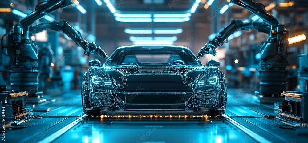 Aufkleber a futuristic car being assembled on an automated production line with robotic arms.