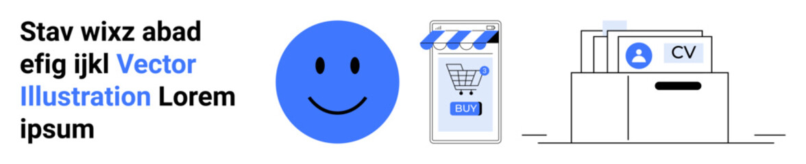 Simplified image featuring a happy face, a shopping cart icon on a storefront, and organized documents labeled CV in a drawer. Ideal for online shopping, digital marketing, e-commerce, document