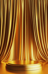 Luxurious 3D Rendered Podium with Rich Gold Satin Curtains for a Regal Display