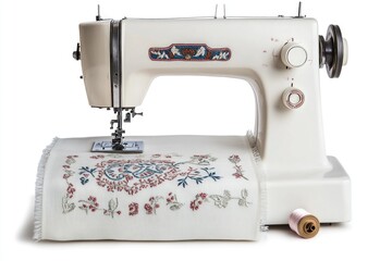 A close-up view of a white sewing machine sitting on a table, ready to use