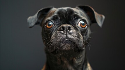 A close-up photo of a black dog gazing directly into the camera lens, its bright orange eyes standing out