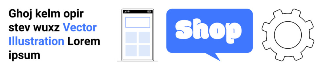 Display of a mobile device layout with text, a blue speech bubble labeled Shop, and a gear icon. Ideal for ecommerce, web development, online stores, technology settings, and digital marketing