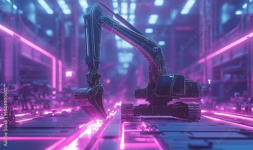 Poster a futuristic excavator with glowing neon lights in a factory setting.