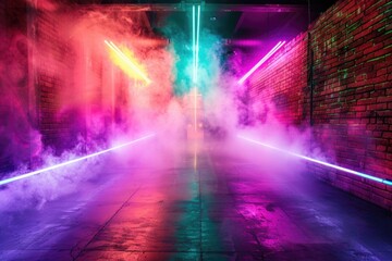 Smoke-filled hallway with neon lights