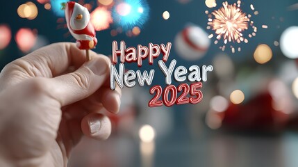 Elegant silver text announcing  Happy New Year 2025  displayed against a backdrop of colorful fireworks bursting across the night sky