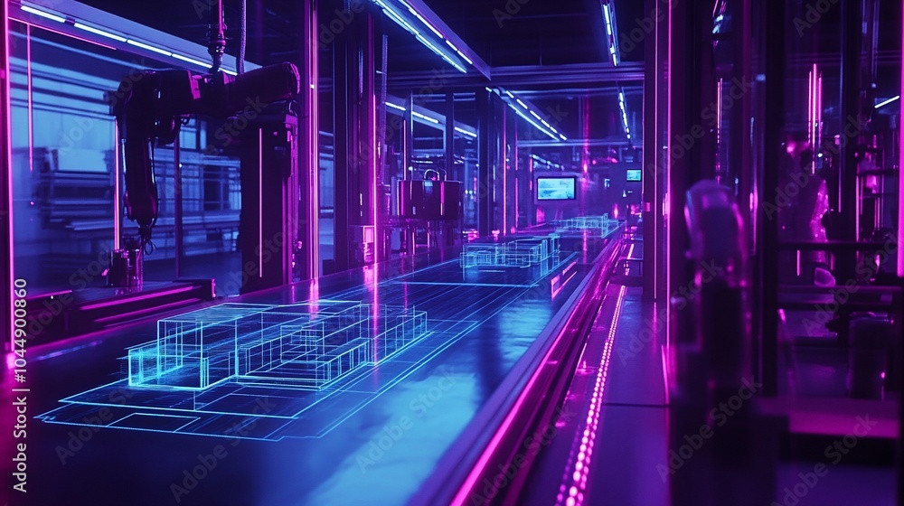 Poster A futuristic factory with a robotic arm and a conveyor belt illuminated by neon lights, showcasing the automation of production.