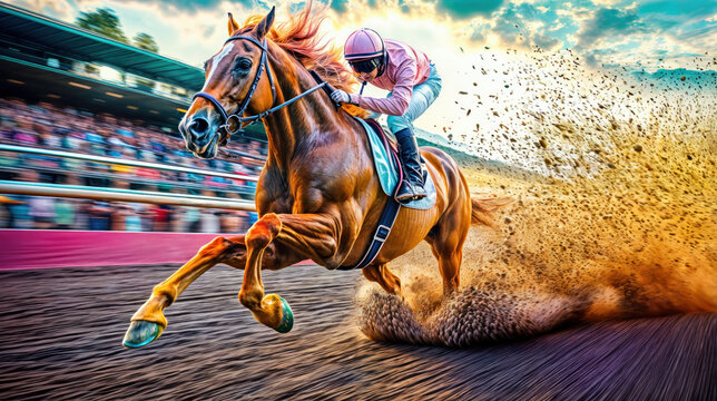 Horse rider in action at the gallop race. Jockey racing at speed in equestrian competition. Horseback champion in motion. Fast sport on running mare. Portrait of skill and power.