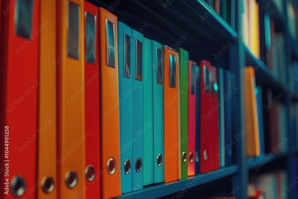 Poster a bookshelf filled with various colored binders, perfect for organizing and decorating any room