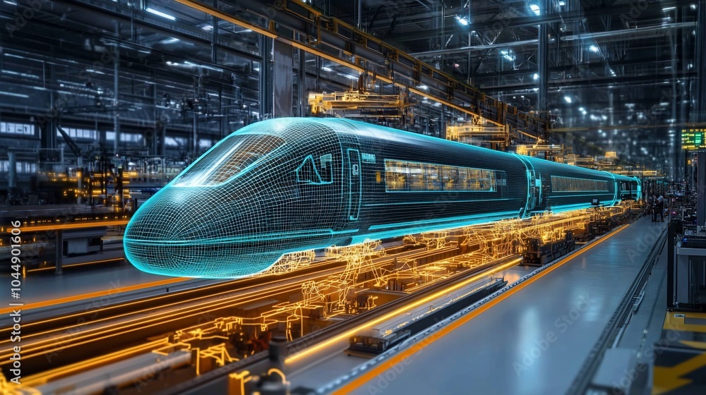 Poster A futuristic high-speed train in a factory with a digital wireframe overlay.