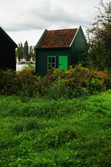 A small wooden green house in green thickets against a gloomy sky