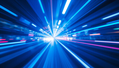 Abstract blue neon lights in city blur background. 5000x2857 px.