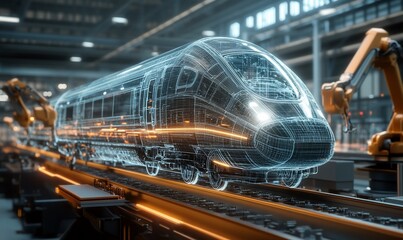 A futuristic high-speed train is being assembled on a production line with robotic arms.