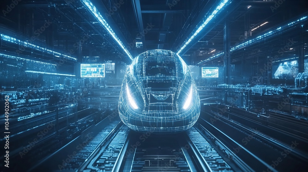 Poster a futuristic high-speed train is shown as a digital wireframe, standing on a railroad track in a dar