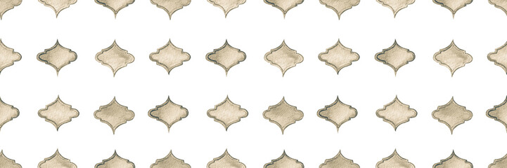 Quatrefoil Seamless Pattern for Header. Monochrome and Greyscale Geometric Morrocan Tile. Lattice Marrakesh Watercolor Header. Rhombus Majolica Background. Barbed Watercolour Trellis. Damask Print.