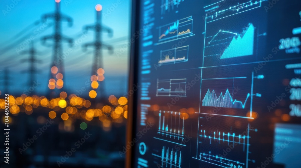 Poster smart grid technology: digital dashboard showing energy demand and supply on a smart grid