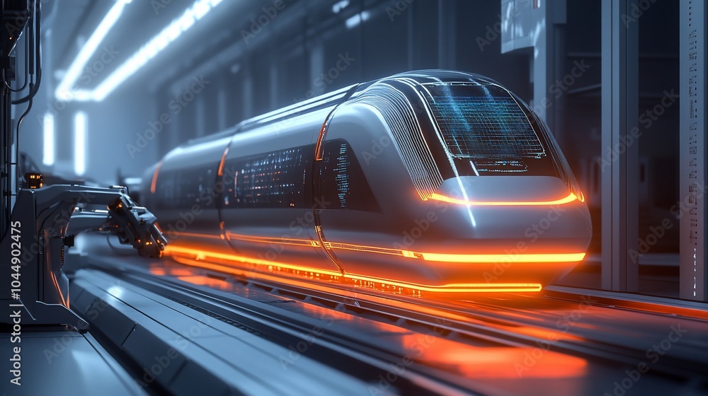 Poster a futuristic high-speed train with glowing lights moves along a track in a modern, high-tech environ