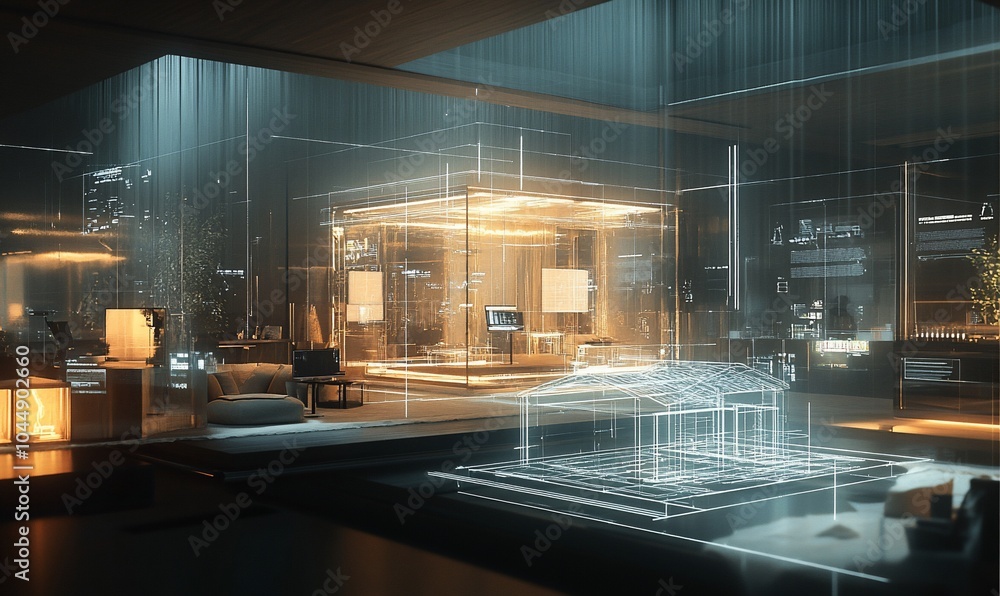 Poster A futuristic interior design concept with a 3D model of a house projected in the center, surrounded by digital interfaces and glowing lights.