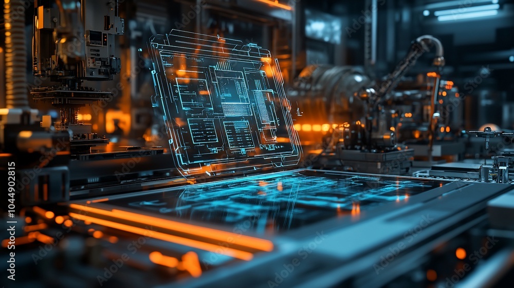 Poster a futuristic laptop with a holographic display in a high-tech industrial setting.