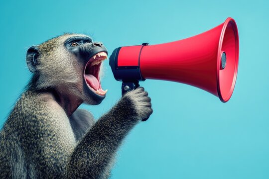 A monkey holds a red and black megaphone, ready to make some noise