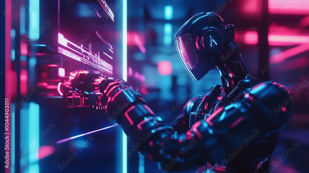 Poster a futuristic robot interacts with a glowing digital interface in a dimly lit room with neon lights.