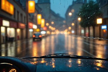 Rain Streaked Windshield with City Lights at Night