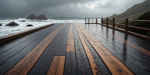 Naklejka premium Stormy Seascape with Wet Wooden Pier Dramatic Clouds and Ocean Waves