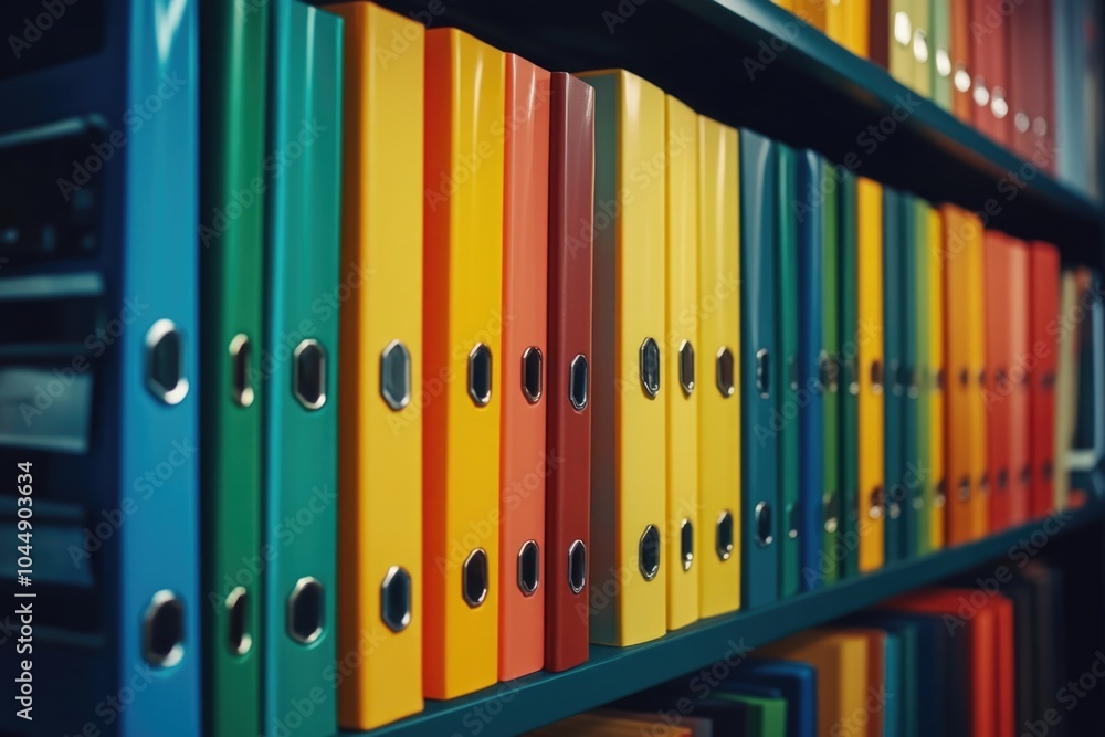 Poster bookshelves filled with colorful binders for organizing and storing files