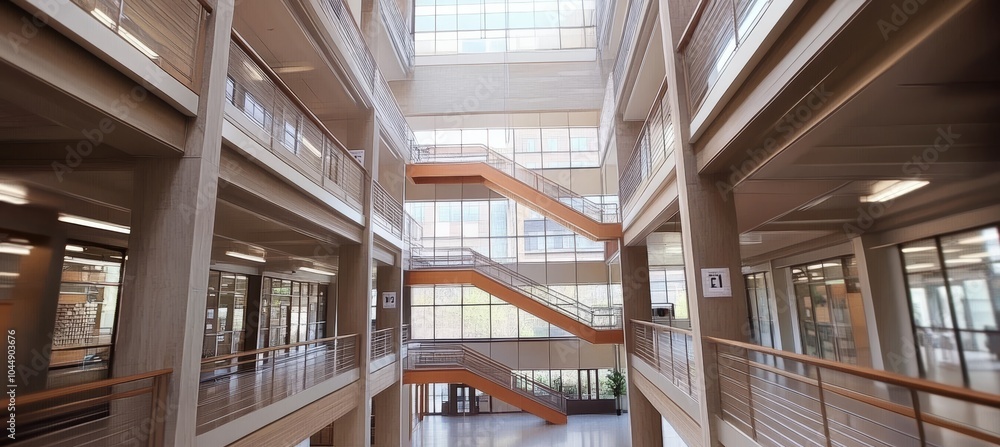 Poster modern atrium design with interconnected walkways, sunlight, and open space architecture