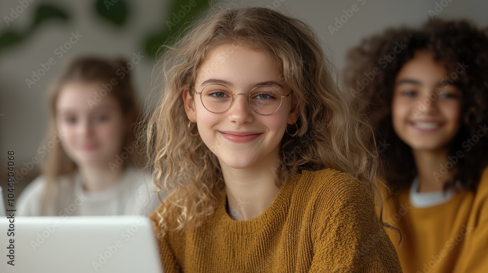 Poster three young women are learning coding together, smiling and engaged, in stem class setting. they are