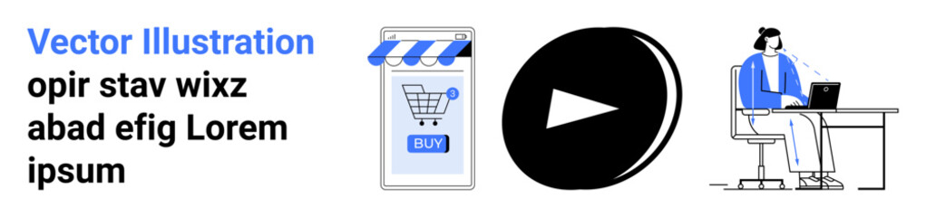 Scene includes a smartphone with a shopping cart and buy button, a play button icon, and a person working on a laptop. Ideal for e-commerce, digital marketing, e-learning, remote working