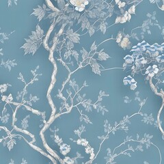 A chinoiserie-style wallpaper featuring a blue and white landscape.