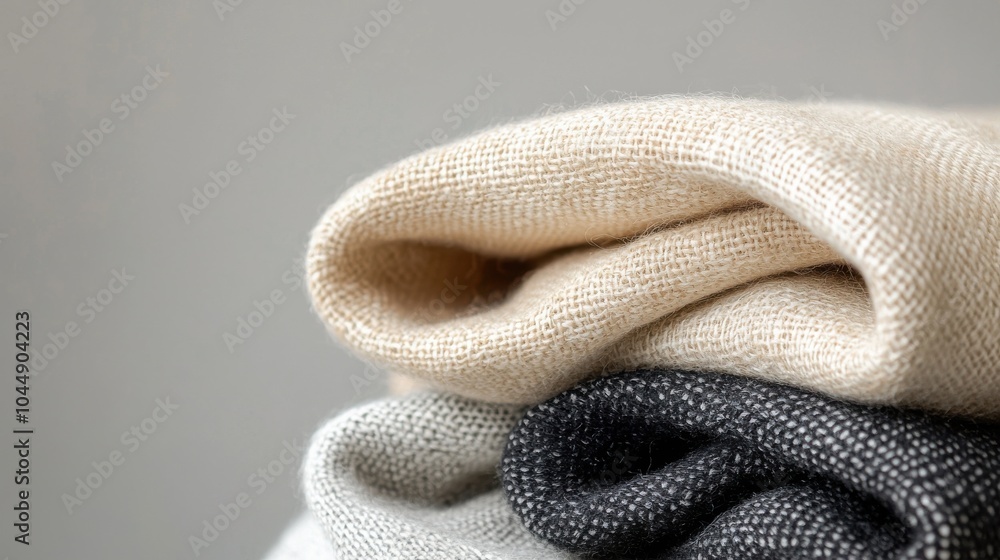 Poster neatly folded textiles in neutral tones create calm and minimalist aesthetic, showcasing texture and