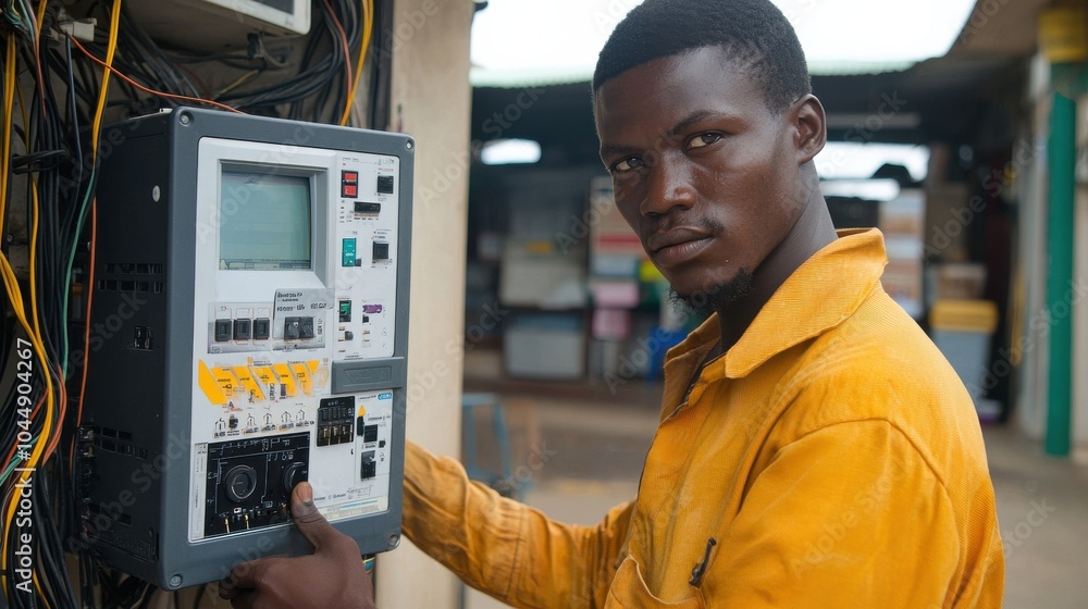Aufkleber technician in yellow uniform works on electrical panel, focusing intently on task. setting appears t