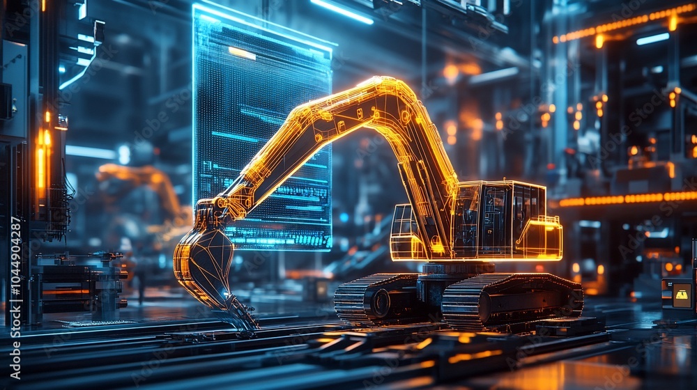 Poster a futuristic, transparent excavator in an industrial setting with glowing lines and digital interfac