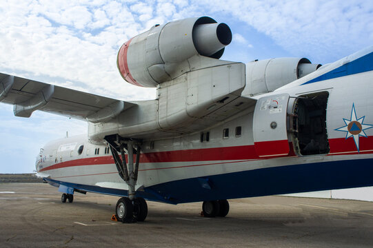 Hydroaviation salon 2010. Russian amphibious aircraft (flying boat) Be-200 is statically parked at TNTK hydrobase named after. Beriev.. Close-up. Gelendzhik, Russia - September 07, 2010