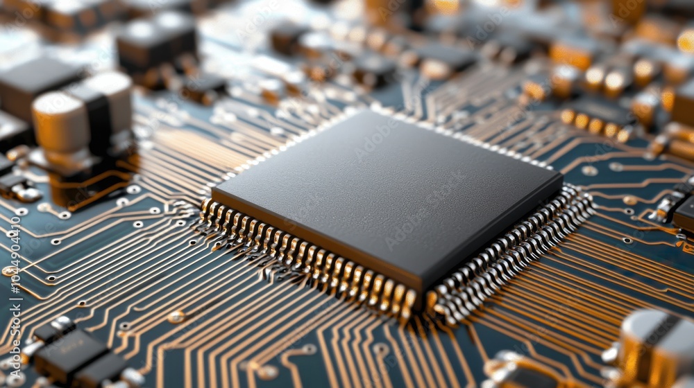 Poster close up of microchip on circuit board, showcasing intricate gold circuitry and connections, represe