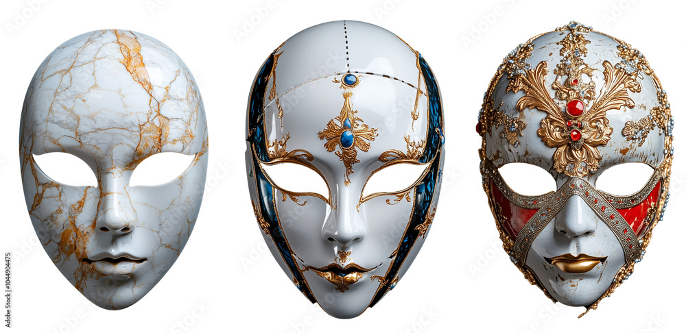 Wall mural Elegant marble and ornate Venetian carnival masks isolated on white background, showcasing intricate designs and vibrant colors that evoke sense of mystery and allure png transparent background