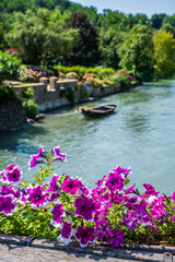 Fototapeta premium Summer on the Mincio river. Historic village of Borghetto sul Mincio