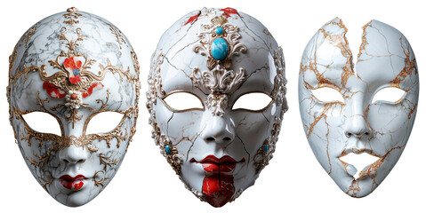 Elegant marble Venetian carnival masks isolated on white background, showcasing intricate designs and vibrant colors. png transparent background