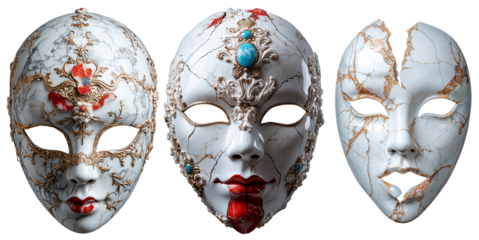 Elegant marble Venetian carnival masks isolated on white background, showcasing intricate designs and vibrant colors. png transparent background