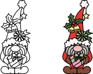 Cute groovy gnome holding Christmas gift box for coloring book, sticker design, t shirt design and so on. Vector illustration.